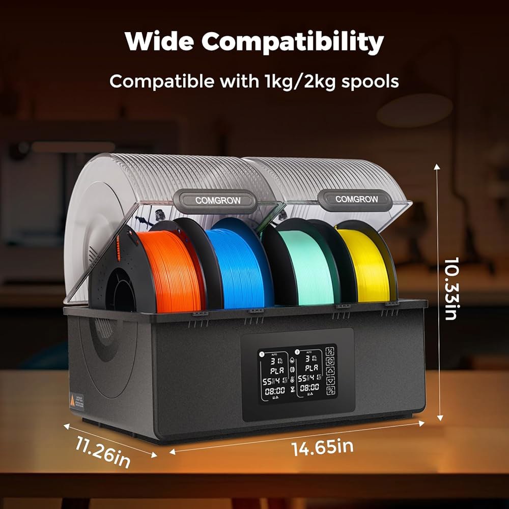 컴그로우 필라멘트 드라이어 4 스풀, SH03 보관함, 200W PTC 최대 85 C 가열, 고속 건조 자동 제습 이중 독립 난방 챔버 PLA PETG ABS TPU ASA1.75 - 상세 이미지 2