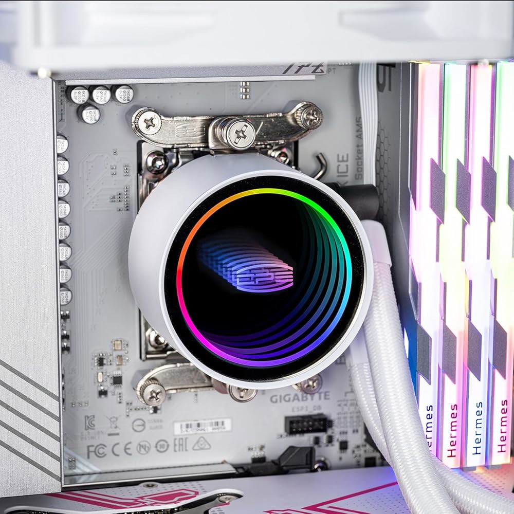 PCCOOLER 액체 CPU 쿨러, 240mm AIO, 풀 세라믹 베어링 펌프, 듀얼 120mm ARGB PWM 팬, 알루미늄 라디에이터, 히든 데이지 체인, 인텔 LGA1851/ - 상세 이미지 3