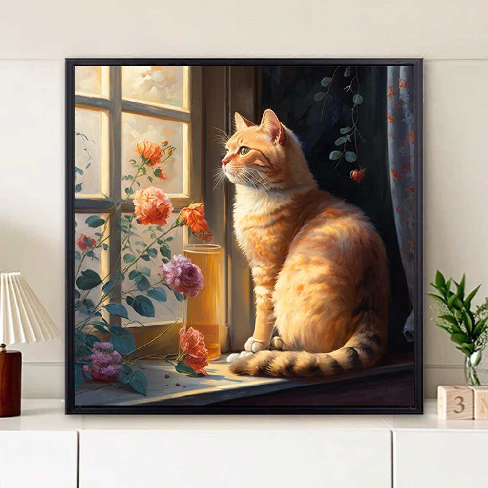감성 고양이 유화풍 그림 거실 인테리어 그림 벽걸이 장식화 포스터 침실 북유럽 E 30x30cm 책상 장식 2.5cm 알루미늄 검정 프레임 - 상세 이미지 3