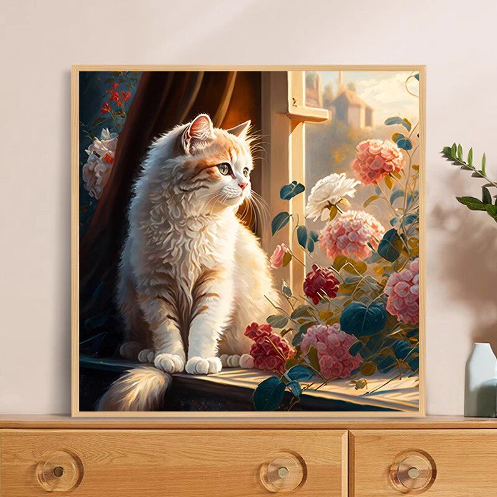 감성 고양이 유화풍 그림 거실 인테리어 그림 벽걸이 장식화 포스터 침실 북유럽 E 30x30cm 책상 장식 2.5cm 알루미늄 검정 프레임 - 상세 이미지 2