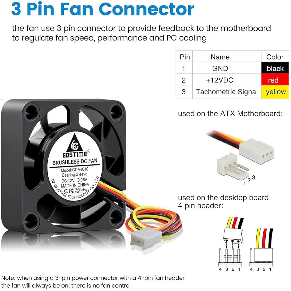 GDSTIME 40mm 팬 3핀, 12V 40x40x10mm 미니 컴퓨터 PC 케이스 DC 브러시리스 냉각 교체용 CPU 쿨러, 노스브리지 히트싱크, 3D 프린터(2팩) - 상세 이미지 3