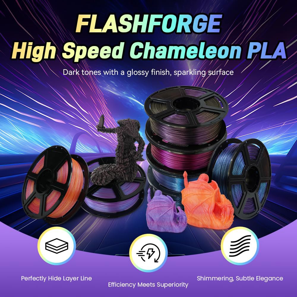 플래시포지 카멜레온 래피드 PLA 필라멘트 1.75mm 아비살 레드, 컬러 시프트 고속 3D 프린터 필라멘트, 최대 500mm/s 인쇄, 다양한 각도와 빛에서 반짝이는 효과 디스플 - 상세 이미지 3