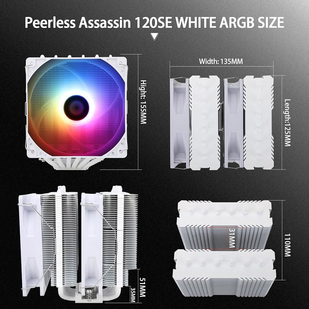 Thermalright 피어리스 어쌔신 120 SE ARGB 화이트 CPU 에어 쿨러, 6 히트 파이프 듀얼 120mm TL-C12CW-S PWM 팬, 알루미늄 히트싱크 커버, - 상세 이미지 3