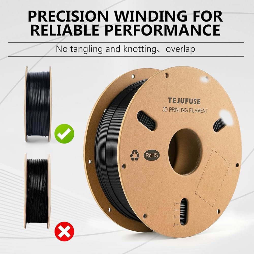 TEJUFUSE PLA 3D 프린터 필라멘트 1.75mm 검은색 1kg, 0.03mm 정확한 직경, 부드러운 공급을 위해 깔끔하게 감겨 있음, 긴 인쇄물에 신뢰할 수 진공 밀봉, - 상세 이미지 2