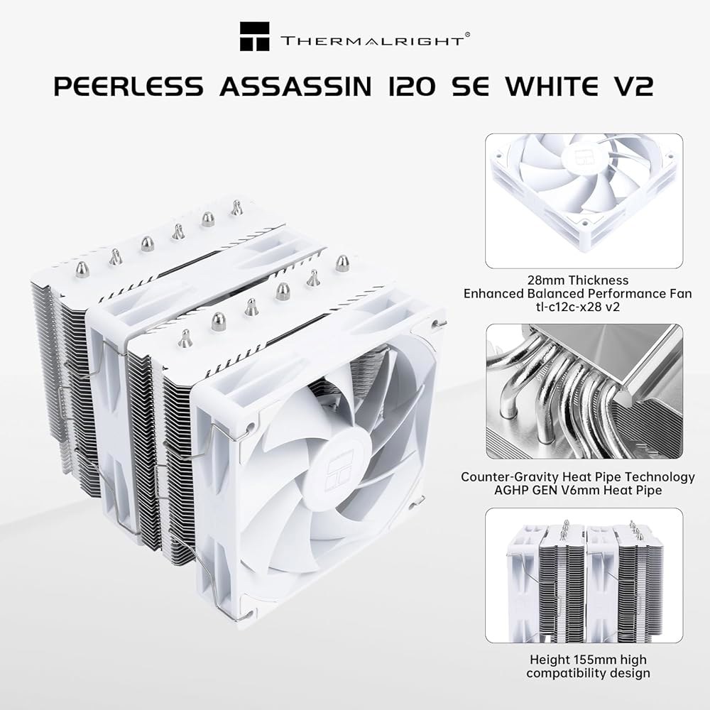 Thermalright 피어리스 어쌔신 120 SE 화이트 V2 CPU 쿨러, 듀얼 타워, 히트 파이프 6개, 120mm PWM 팬, 1850RPM, AMD AM4 / AM5 및 - 상세 이미지 3