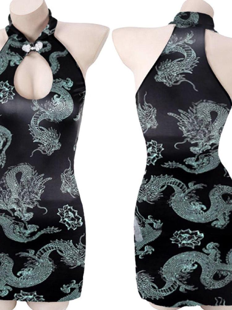 섹시한 중국풍 드레스 슬림핏 치파오 홀터넥 홀복 파티룩 드레스 프리사이즈 40-60kg - 상세 이미지 5