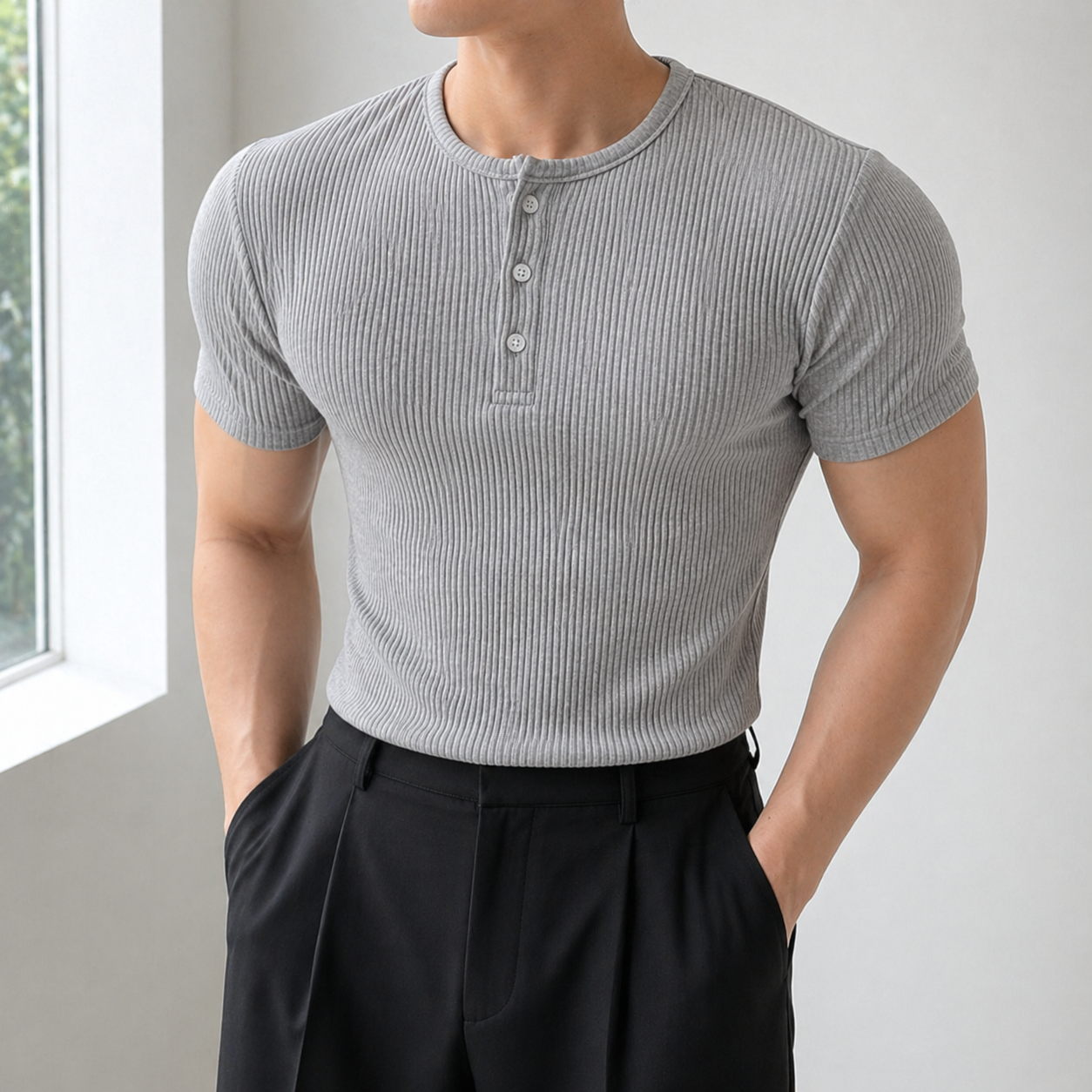남성 헨리넥 반팔티 머슬핏 스판 티셔츠 - 상세 이미지 4