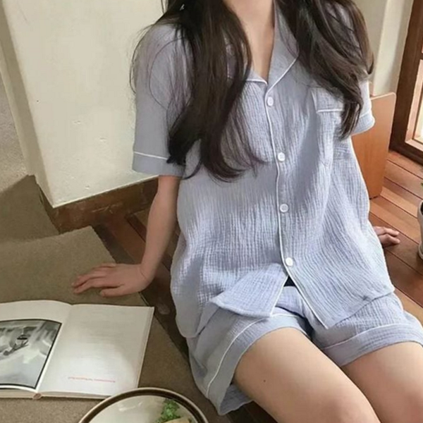 순면 여름 잠옷 반팔 여성 잠옷 반바지 파자마 - 상품 이미지
