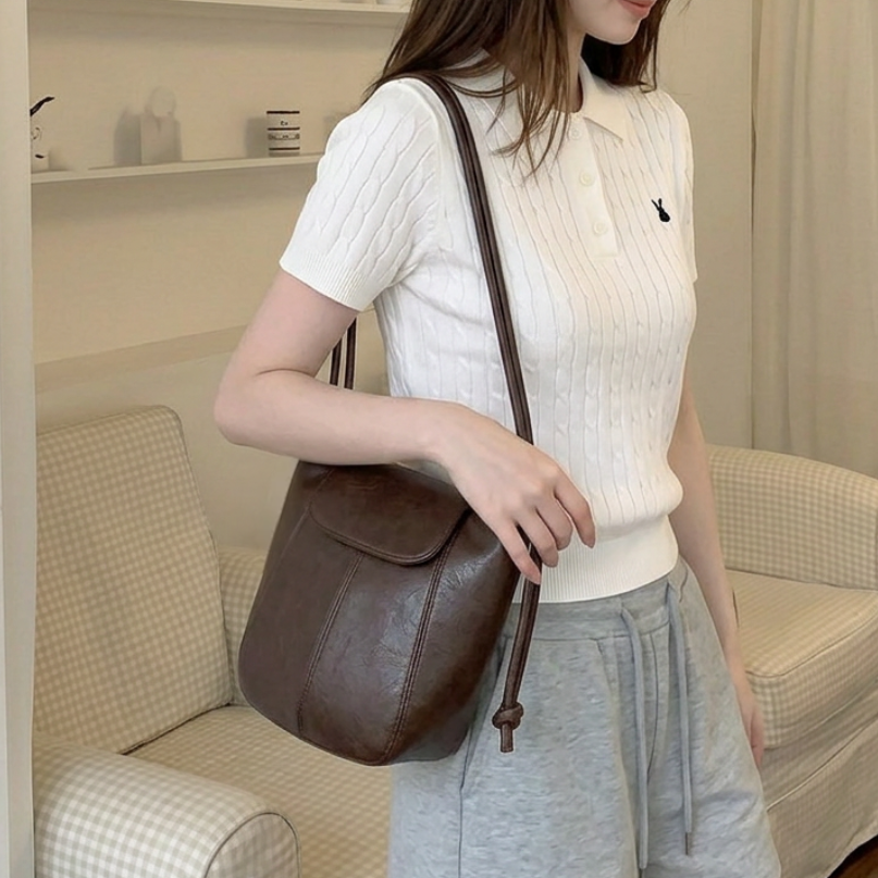 제이바바 여성 미니 가죽 크로스백 데일리 버킷 가방 다크커피 이미지 6