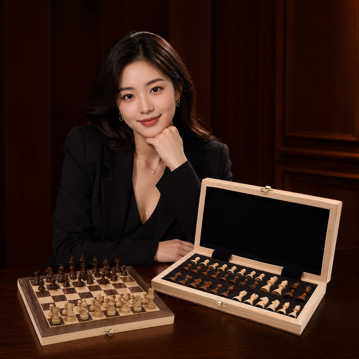 흔들려도 안 쓰러져요 고급 원목 수납형 자석 체스 세트 휴대용 - 상세 이미지 2