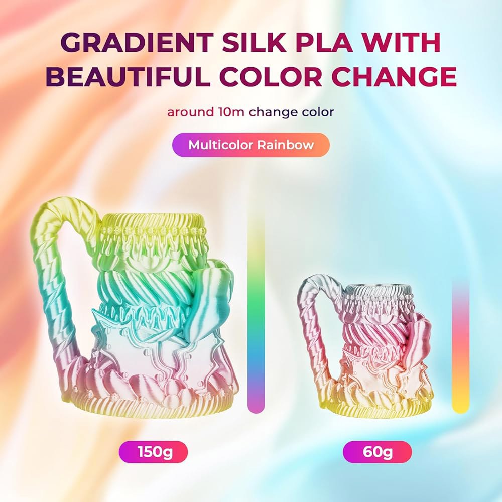 아몰렌 실크 PLA 3D 프린터 필라멘트, 반짝이는 다색 무지개 필라멘트 1.75mm, 대부분의 FDM 프린터를 위한 빠른 그라디언트 색상 변경 프린팅 옐로우 핑크 블루, 1kg - 상세 이미지 2