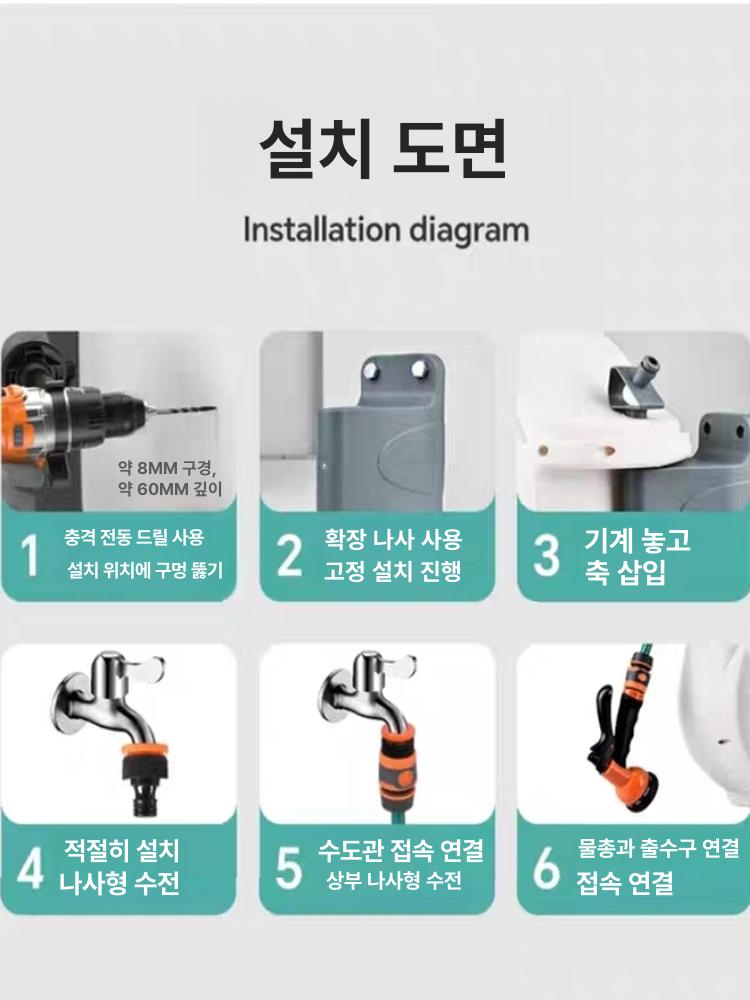 자동 릴호스 세차호수 물호수 분사기 세차 베란다 텃밭 워터 호스 정원 벽걸이 물호스릴 - 상세 이미지 5
