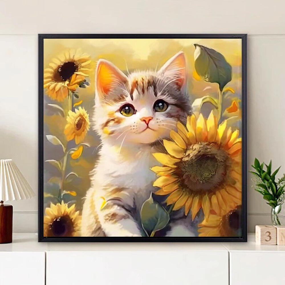 감성 고양이 유화풍 그림 거실 인테리어 그림 벽걸이 장식화 포스터 침실 북유럽 E 30x30cm 책상 장식 2.5cm 알루미늄 검정 프레임 - 상세 이미지 4