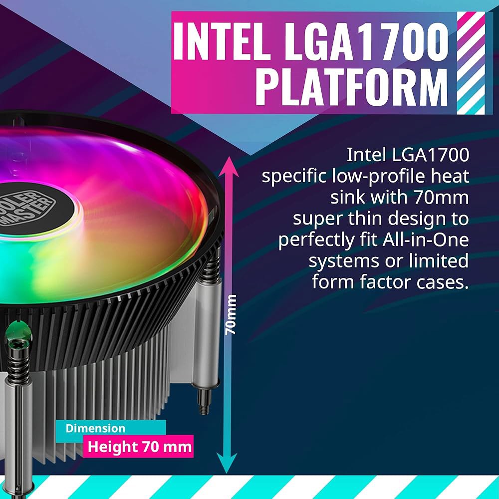 인텔 LGA 1700/1851용 쿨러 마스터 i70C ARGB 로우 프로파일 CPU 에어쿨러 u2013 120mm PWM 팬, 95W TDP, 구리 코어 베이스, 검은색 알루미늄 - 상세 이미지 3
