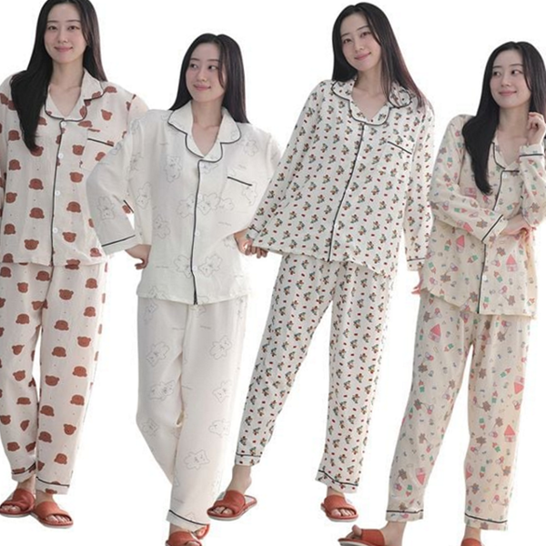 귀여운 여성 긴 팔 잠옷 카라 여성 파자마 상하의 가을 - 상품 이미지