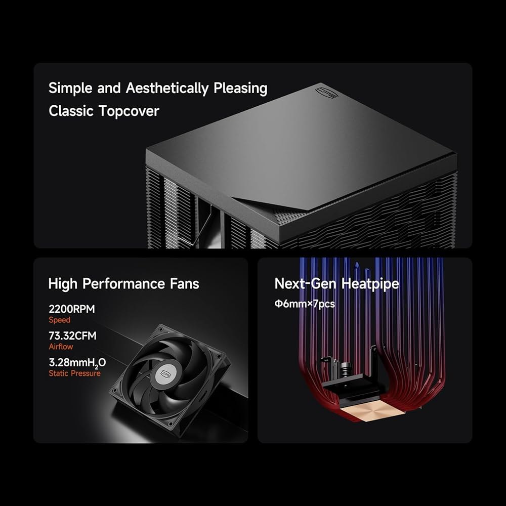PCCOOLER CPU 에어쿨러 듀얼 타워, 7 6mm 히트파이프, 120mm 유압 PWM 팬, 변형 방지 브래킷, 웨이비 핀 스택, 구리 리플로우 베이스, 인텔 LGA1851/1 - 상세 이미지 2