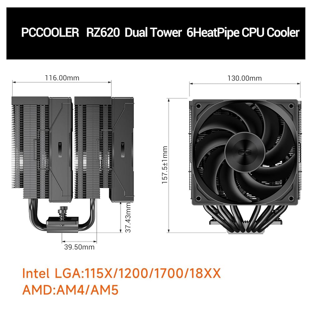 PCCOOLER RZ620 CPU 쿨러 TDP 에어쿨러 듀얼 타워 팬 6 히트파이프 냉각 시스템, 세 가지 모드 PWM 사일런트 팬, 인텔 LGA 115X /1200 /1700, - 상세 이미지 2