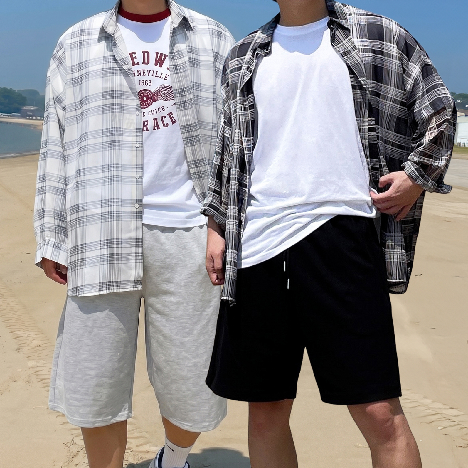 1+1 남성린넨셔츠 남자여름셔츠 남자여름남방 남성체크남방 - 상품 이미지