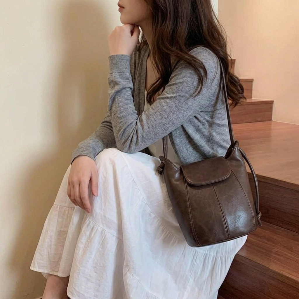 제이바바 여성 미니 가죽 크로스백 데일리 버킷 가방 다크커피 - 상세 이미지 2