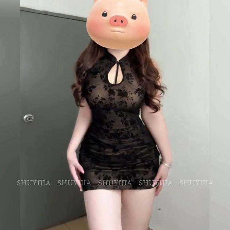 시스루 망사 원피스 레이스 치파오 메쉬 섹시한 여름 의상 블랙 L 50 - 60kg - 상세 이미지 2