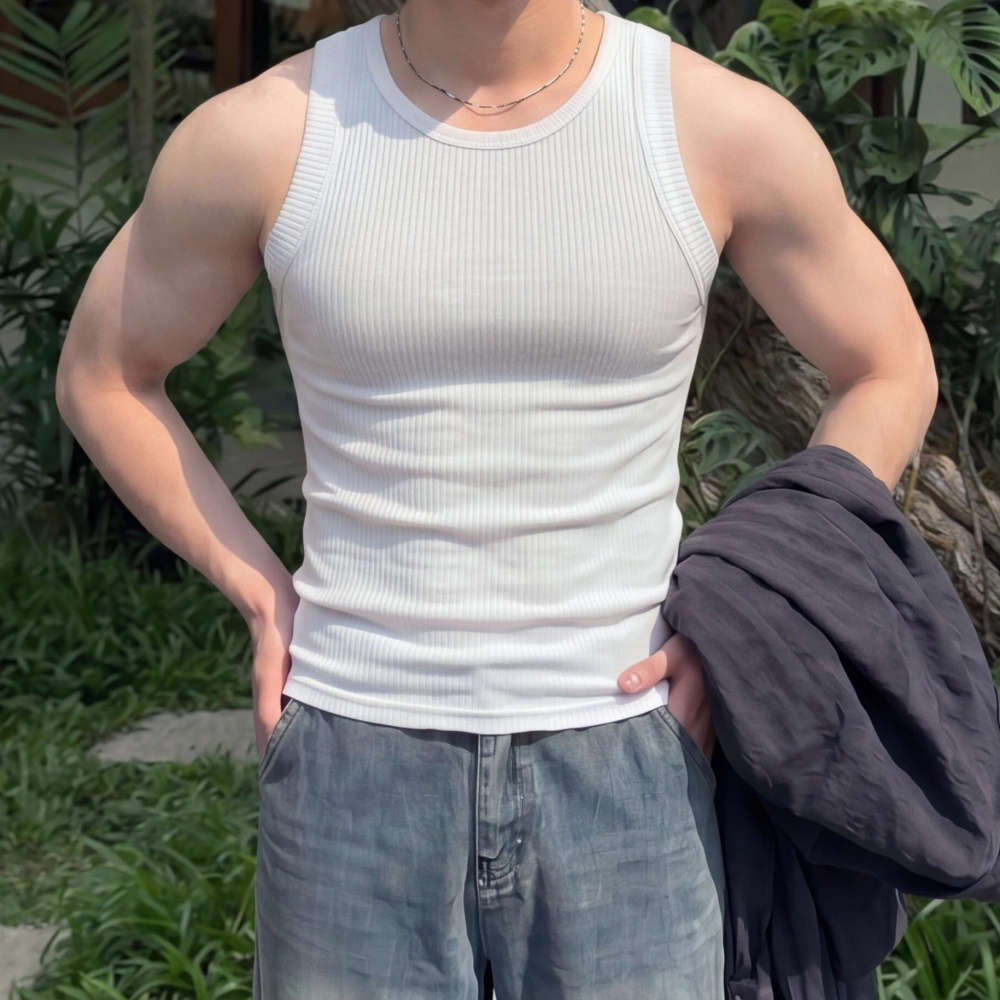 1+1 남자 머슬핏 골지 나시티 슬림 민소매 스판 쫄티 이미지 8