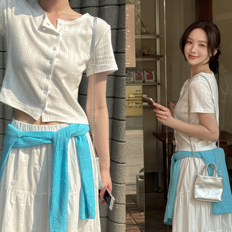 레이스 펀칭 라운드넥 세미크롭 반팔 가디건 - 상세 이미지 3