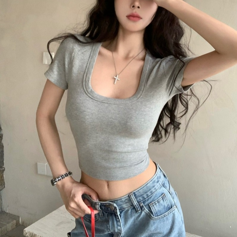 여름 슬림핏 크롭 반팔티 U넥 기본티 이너웨어 데일리룩 - 상세 이미지 2