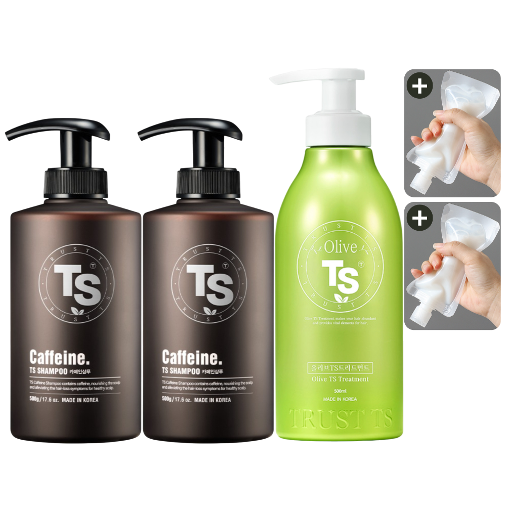 TS 카페인 샴푸 500g 2EA + 올리브 TS 트리트먼트 500g + 소분 파우치 - 상품 이미지
