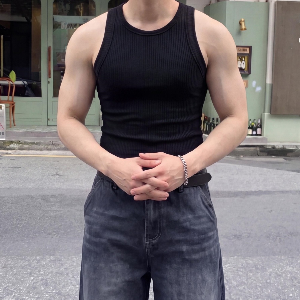 1+1 남자 머슬핏 골지 나시티 슬림 민소매 스판 쫄티 이미지 6