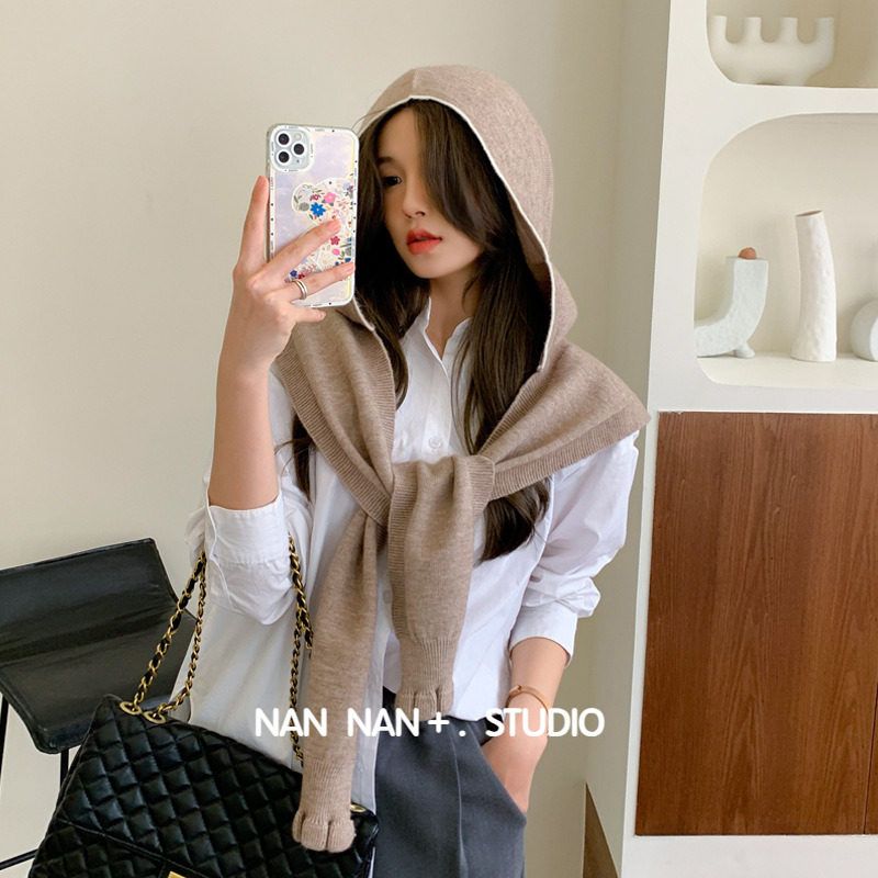 니트 후드 숄 따뜻한 어깨숄 판초 귀여운 망토숄 스카프 핑크 - 상세 이미지 3