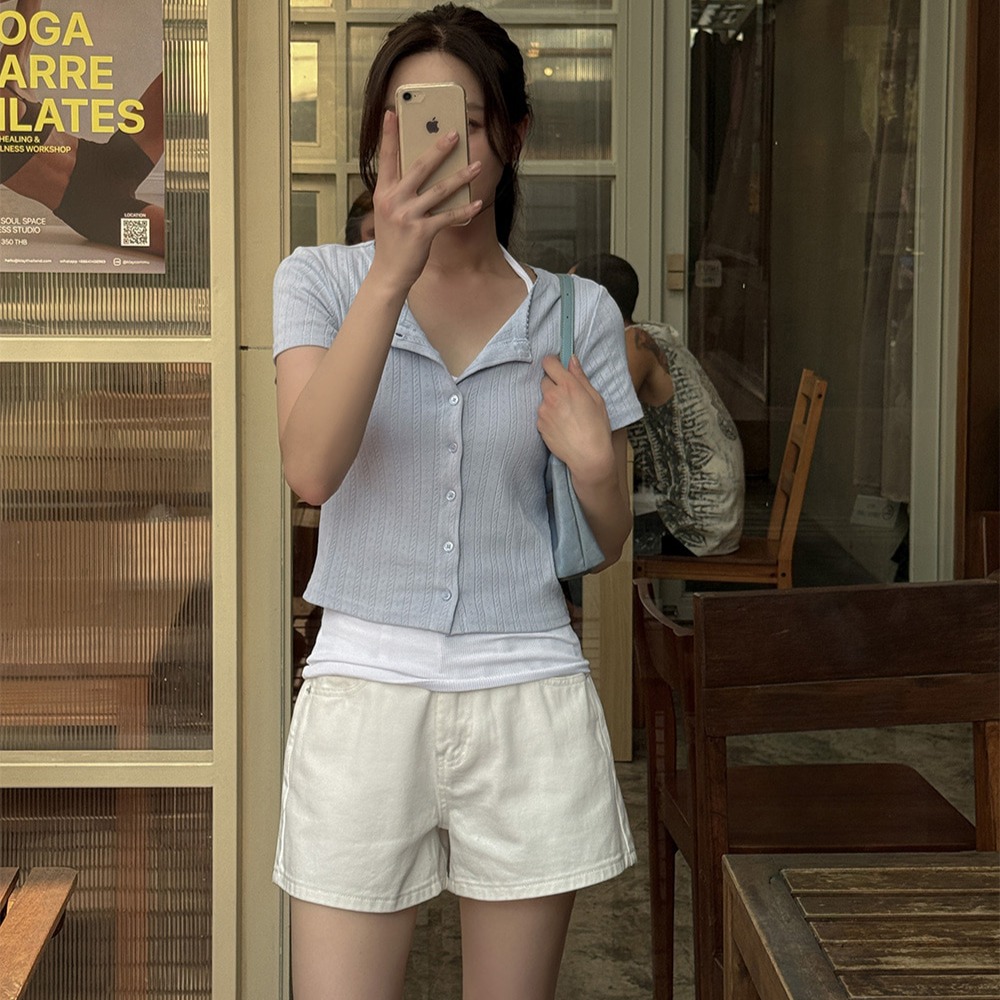 레이스 펀칭 라운드넥 세미크롭 반팔 가디건 이미지 7