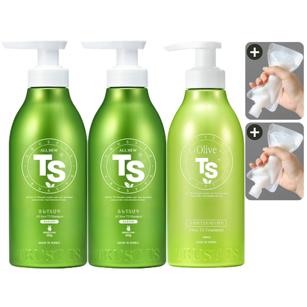 올뉴 TS 샴푸 500g 2EA + 올리브 TS 트리트먼트 500g + 소분 파우치 - 상품 이미지