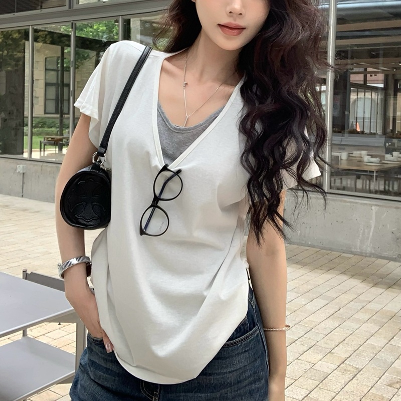 여름 여성 브이넥 레이어드 반팔티 루즈핏 꾸안꾸 캐주얼 데일리 티셔츠 - 상세 이미지 4