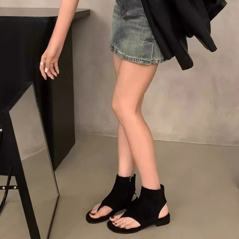쪼리부츠 여성 스웨이드 캐주얼 여름 앵클 삭스 숏 부츠 플랫 솔 오픈토 발목 지퍼 데일리 - 상세 이미지 3