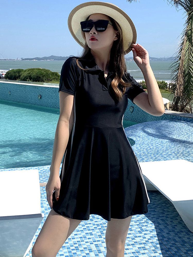 강습용 여성 반팔 실내수영복 수영장 로우컷 아쿠아로빅 여자 반신 여성용 수영복 탄탄이 실내 블랙 스커트+쇼츠 M 40-50kg 권장 - 상세 이미지 3