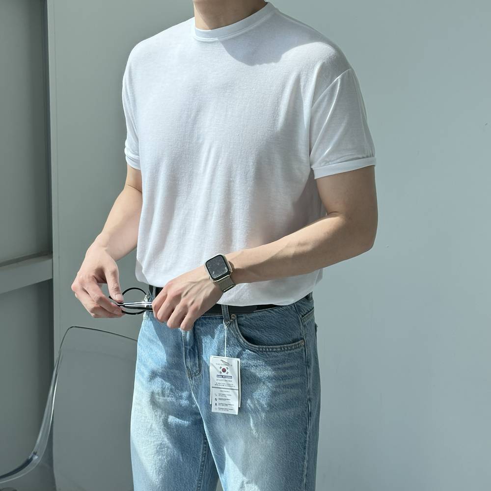남자 반팔티 머슬핏 실켓 흰색 무지 라운드 여름 크롭 티셔츠 - 상품 이미지