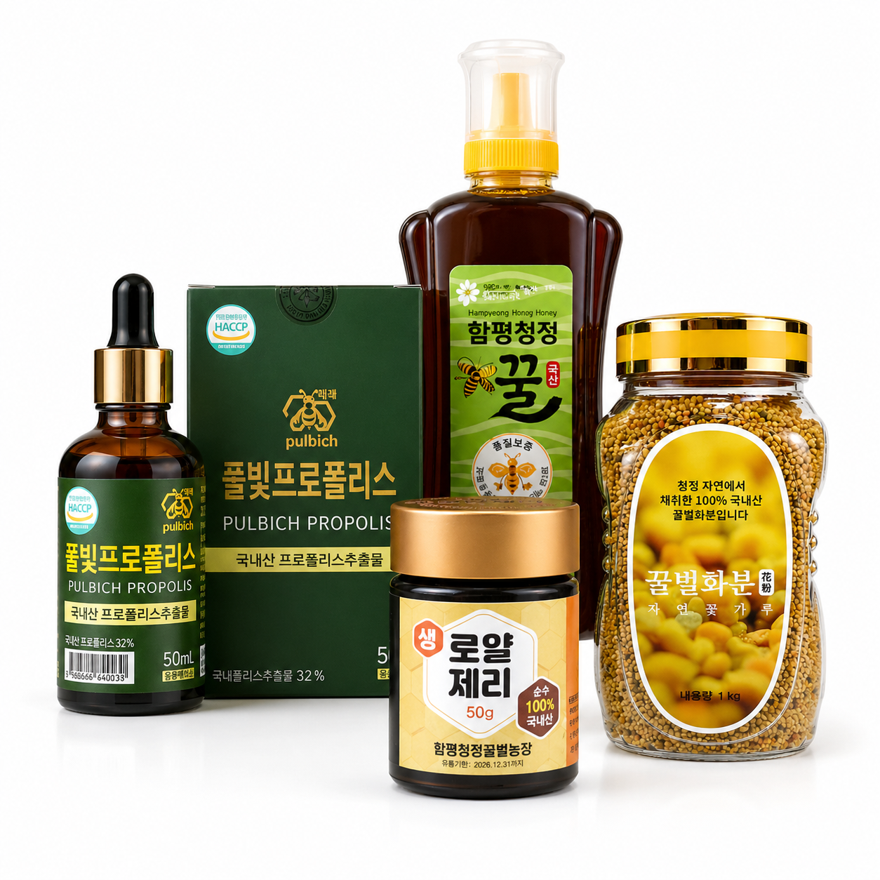 밤꿀 1kg+생로얄젤리 50g 2병+프로폴리스 액상 50ml+꿀벌화분 500g 혼합싱품 - 상품 이미지
