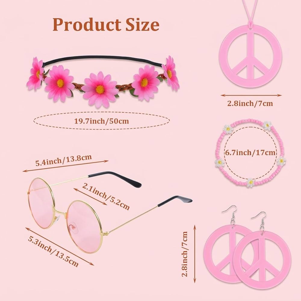 6Pcs 히피 코스튬 액세서리 세트, 보호 피스 사인 데이지 플라워 라운드 선글라스 및 목걸이 귀걸이 Pink - 상세 이미지 2