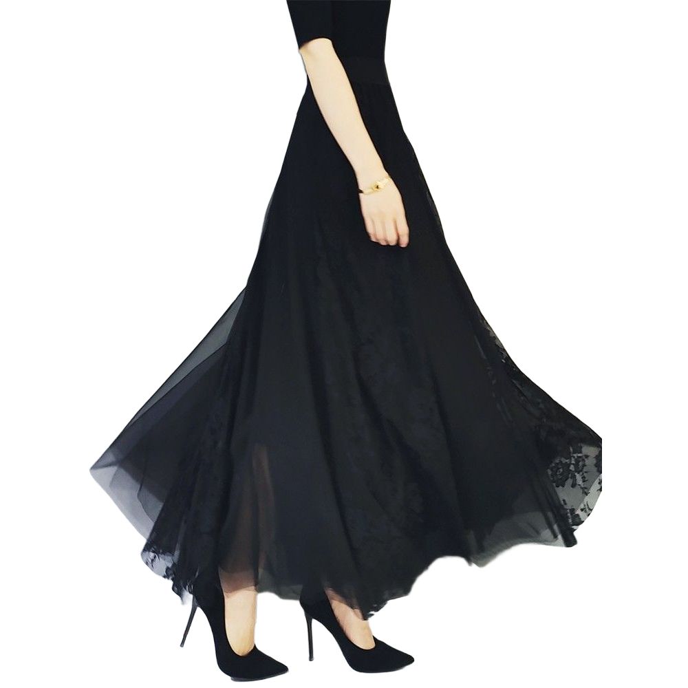 블랙 롱스커트 쉬폰 레이스 치마 연주회 드레스 우아한 85cm S - 상세 이미지 2