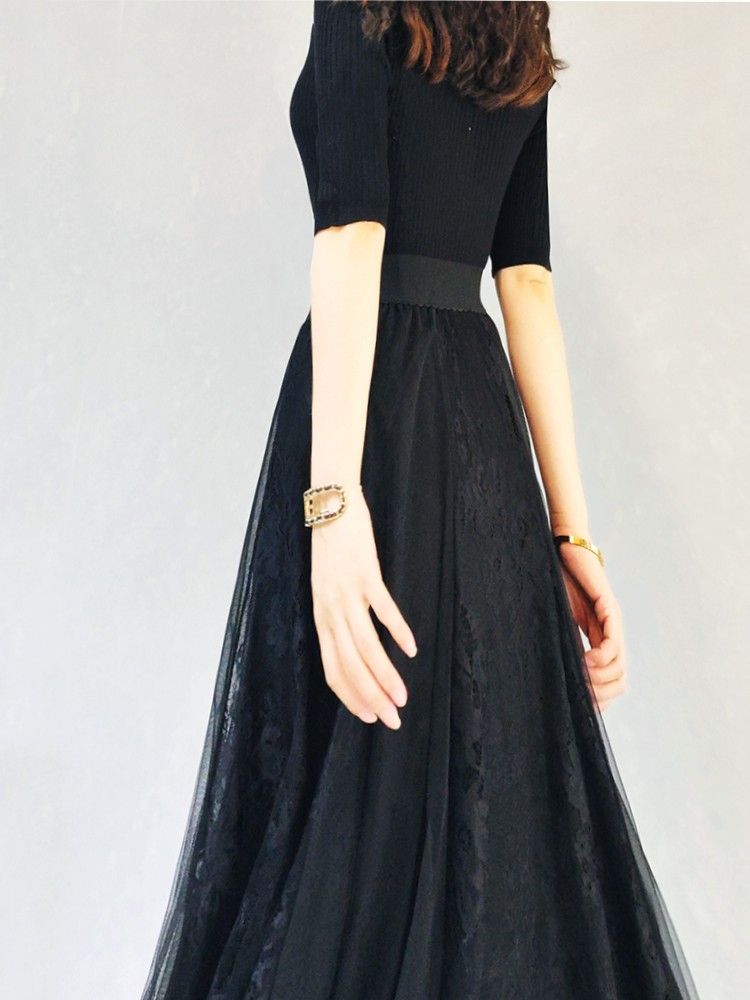 블랙 롱스커트 쉬폰 레이스 치마 연주회 드레스 우아한 85cm S - 상세 이미지 5