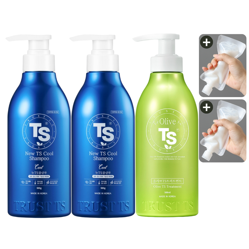 뉴 TS 쿨 샴푸 500g 2EA + 올리브 TS 트리트먼트 500g + 소분 파우치 - 상품 이미지