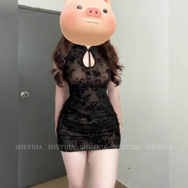 시스루 망사 원피스 레이스 치파오 메쉬 섹시한 여름 의상 블랙 L 50 - 60kg - 상세 이미지 3