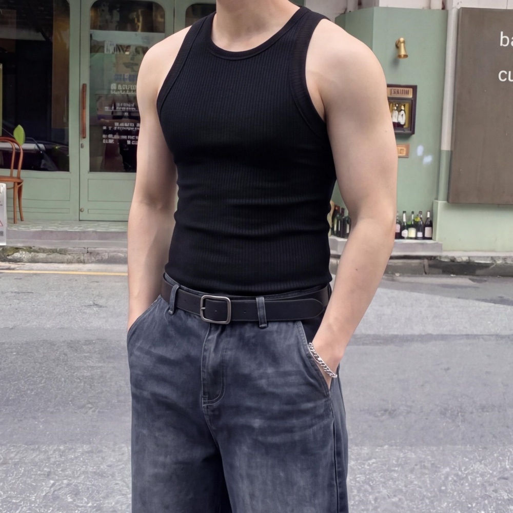 1+1 남자 머슬핏 골지 나시티 슬림 민소매 스판 쫄티 - 상품 이미지