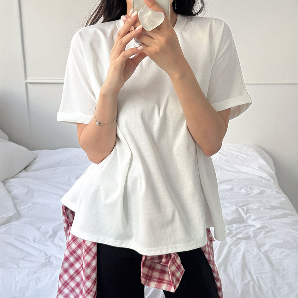 오버핏 슬릿 반팔 티셔츠 5부 화이트 레이어드 - 상품 이미지