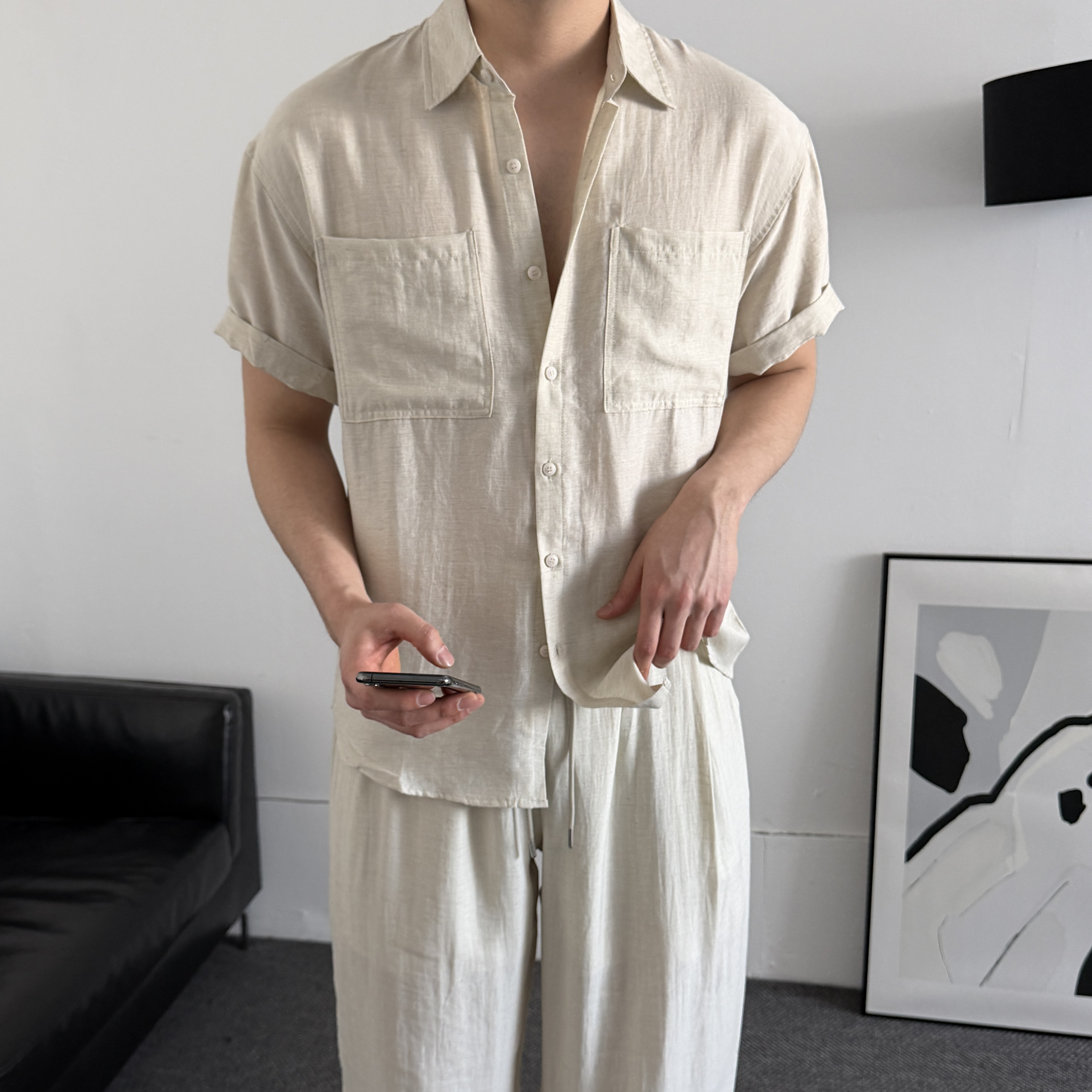 남자오버핏투포켓린넨셔츠 남성오버핏셔츠 - 상품 이미지