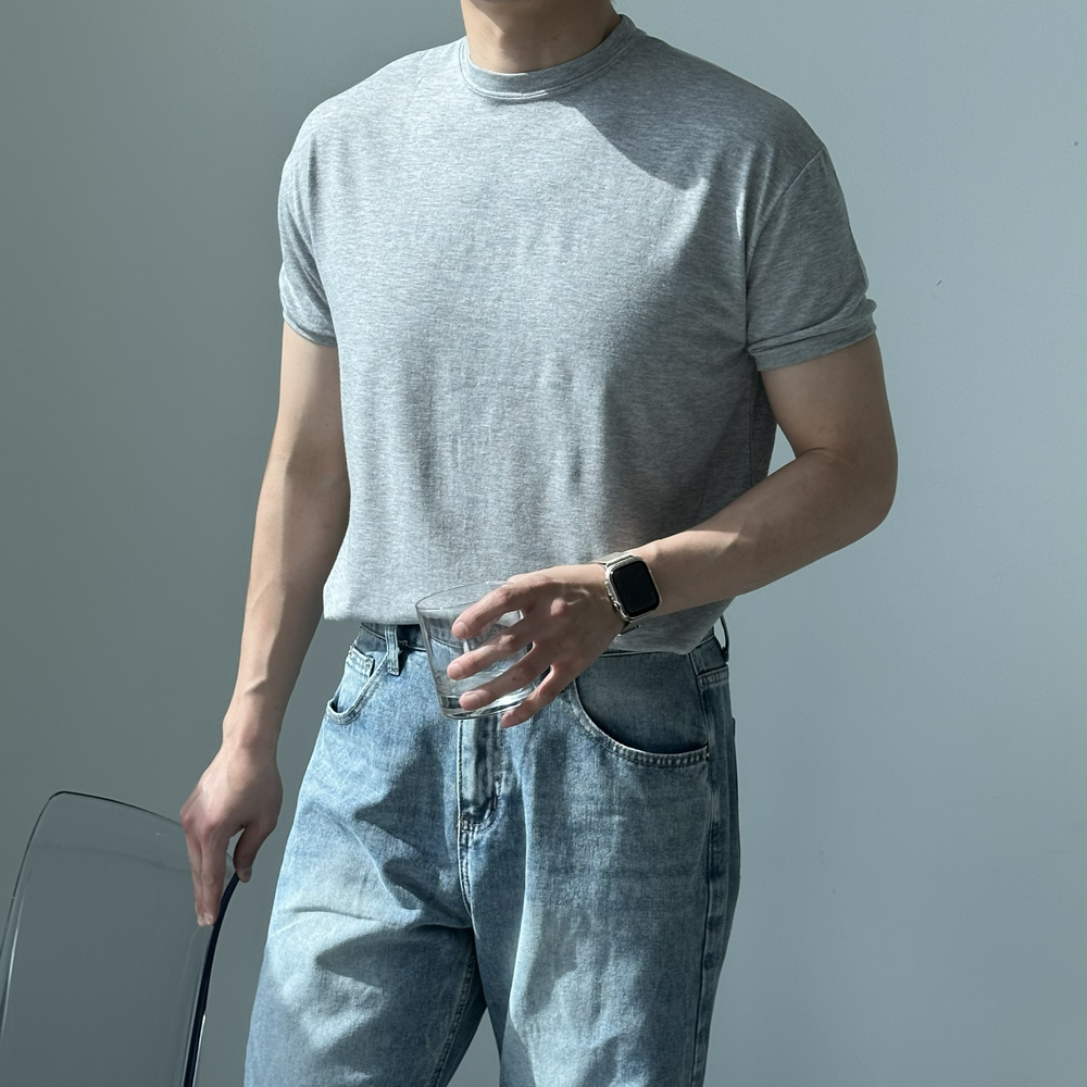 남자 반팔티 머슬핏 실켓 흰색 무지 라운드 여름 크롭 티셔츠 - 상세 이미지 3