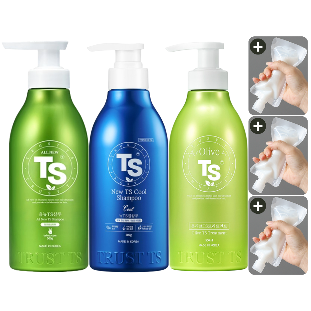 올뉴 TS 샴푸 + 뉴 TS 쿨 샴푸 + 올리브 TS 트리트먼트 + 소분 파우치 - 상품 이미지