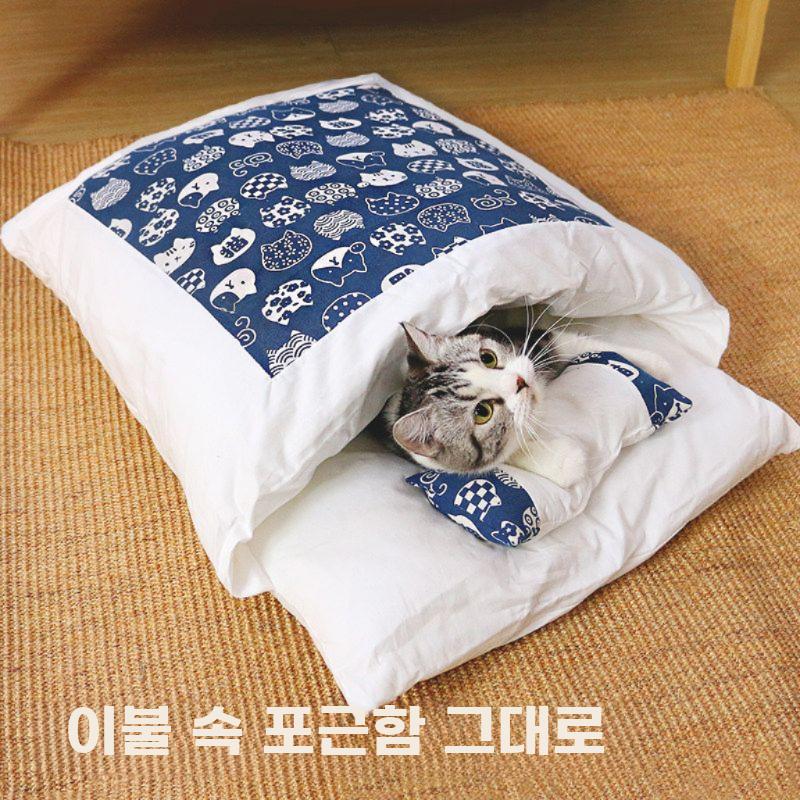 고양이 이불베개 침낭 강아지 이불 쿠션 방석 수면 핑크 S - 상세 이미지 2