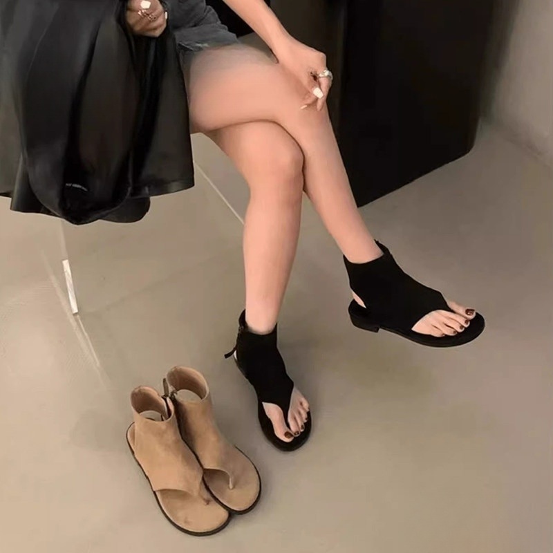 쪼리부츠 여성 스웨이드 캐주얼 여름 앵클 삭스 숏 부츠 플랫 솔 오픈토 발목 지퍼 데일리 - 상품 이미지