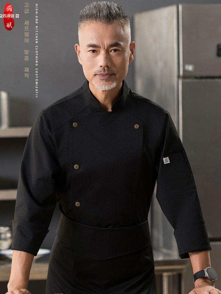 요리사 쉐프복 셰프복 호텔 조리복 주방 유니폼 고급 주방장 반소매 블랙 탑 M - 상세 이미지 5